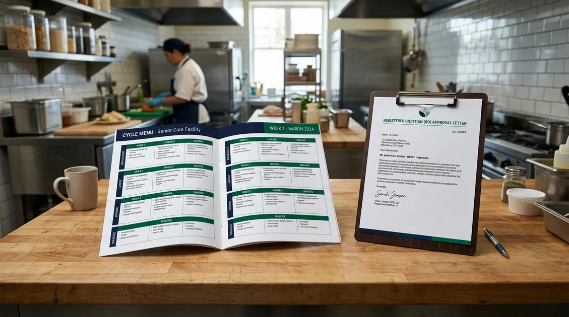 Dietitian-Approved Cycle Menus for Senior Care Facilities - Printed cycle menu PDF on a senior care facility kitchen counter with an RD approval letter on clipboard Dietitian-Approved Cycle Menus for Senior Care Facilities - Printed cycle menu PDF on a senior care facility kitchen counter with an RD approval letter on clipboard