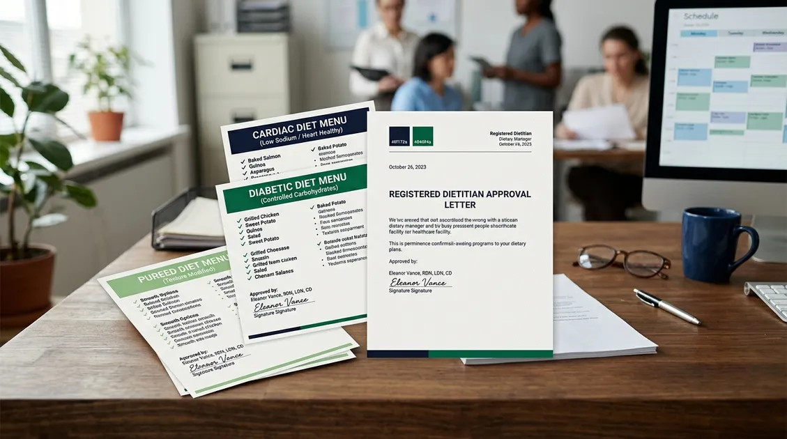 Printed therapeutic diet menu variants for cardiac diabetic and pureed diets on a dietary manager desk Printed therapeutic diet menu variants for cardiac diabetic and pureed diets on a dietary manager desk