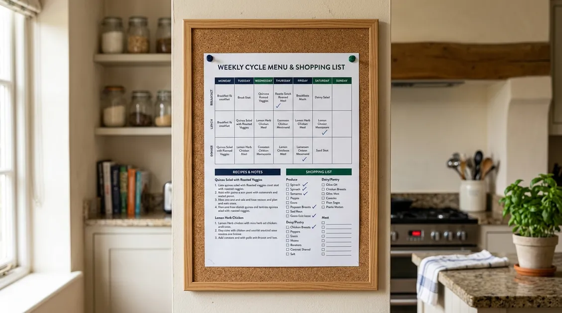 Weekly cycle menu PDF printed and posted on memory care facility kitchen bulletin board Weekly cycle menu PDF printed and posted on memory care facility kitchen bulletin board
