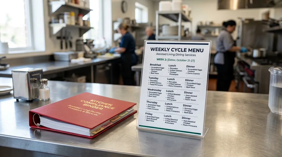 Dietitian-Approved Cycle Menus for Senior Care Facilities - Printed weekly cycle menu on an assisted living facility kitchen counter Dietitian-Approved Cycle Menus for Senior Care Facilities - Printed weekly cycle menu on an assisted living facility kitchen counter