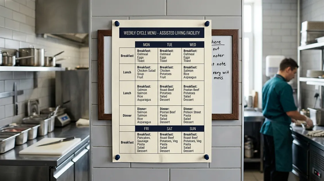 Dietitian-Approved Cycle Menus for Senior Care Facilities - Photo: Dietary manager reviewing a printed weekly cycle menu in an assisted living kitchen Dietitian-Approved Cycle Menus for Senior Care Facilities - Photo: Dietary manager reviewing a printed weekly cycle menu in an assisted living kitchen