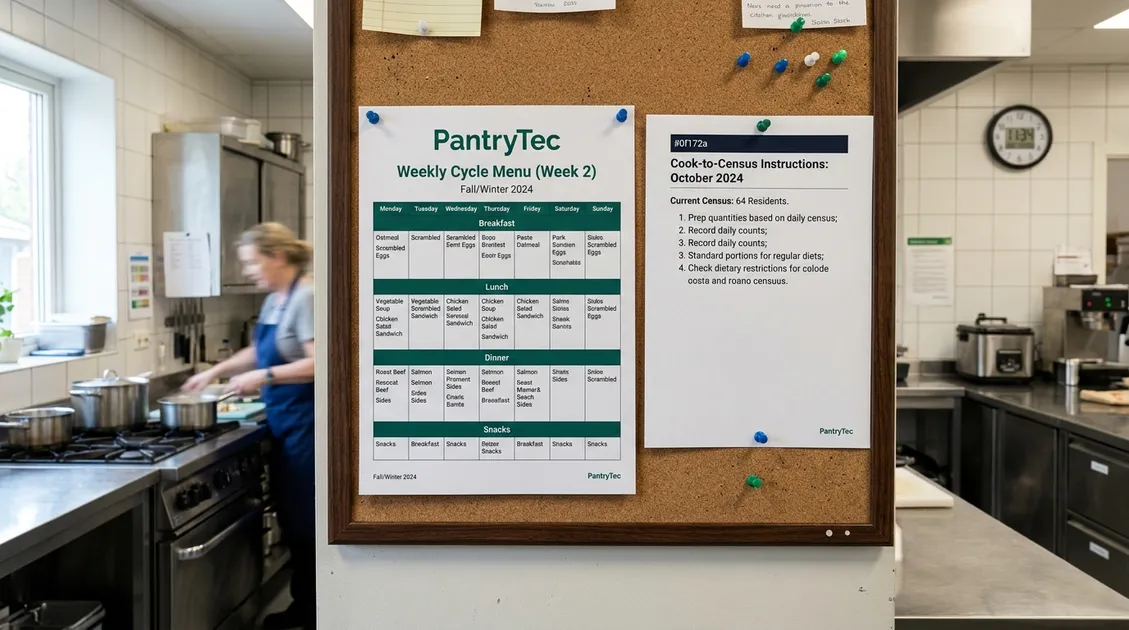 Dietitian-Approved Cycle Menus for Senior Care Facilities - PantryTec weekly cycle menu PDF printout on an assisted living facility kitchen counter with standardized recipes Dietitian-Approved Cycle Menus for Senior Care Facilities - PantryTec weekly cycle menu PDF printout on an assisted living facility kitchen counter with standardized recipes