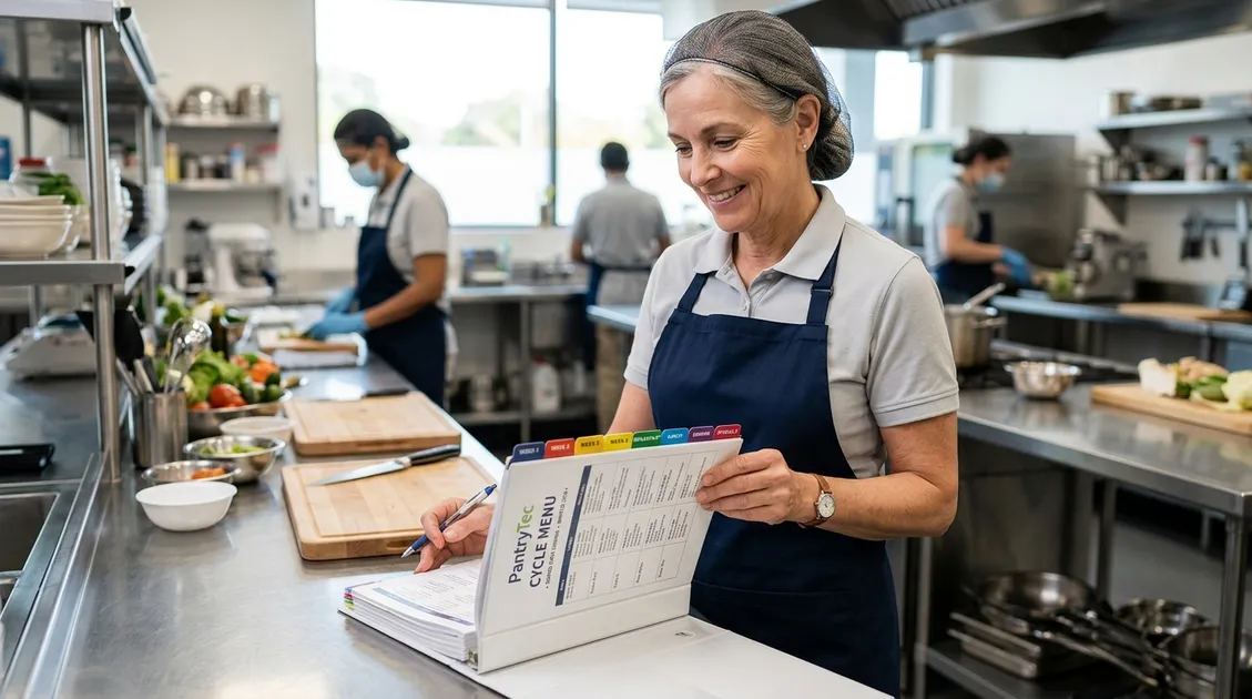 Dietitian-Approved Cycle Menus for Senior Care Facilities - Senior care kitchen manager reviewing a printed cycle menu binder at an assisted living facility Dietitian-Approved Cycle Menus for Senior Care Facilities - Senior care kitchen manager reviewing a printed cycle menu binder at an assisted living facility