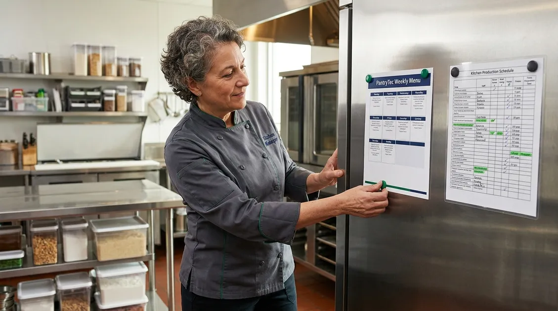 Dietitian-Approved Cycle Menus for Senior Care Facilities - Senior care kitchen manager reviewing a PantryTec menu posted on kitchen wall next to production sheet Dietitian-Approved Cycle Menus for Senior Care Facilities - Senior care kitchen manager reviewing a PantryTec menu posted on kitchen wall next to production sheet
