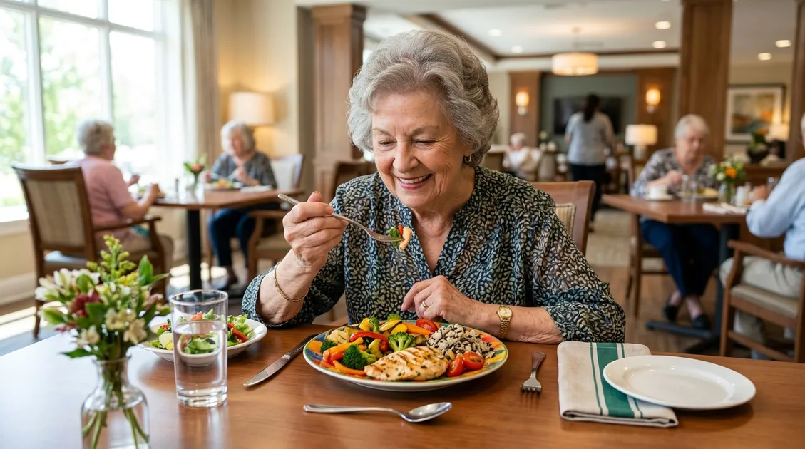 Senior care resident enjoying a plated meal in an assisted living dining room Senior care resident enjoying a plated meal in an assisted living dining room