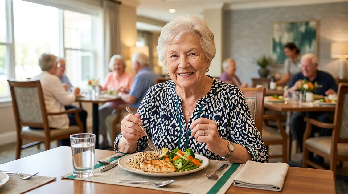 Plated lunch tray matching sample diabetic menu in senior care dining room Plated lunch tray matching sample diabetic menu in senior care dining room