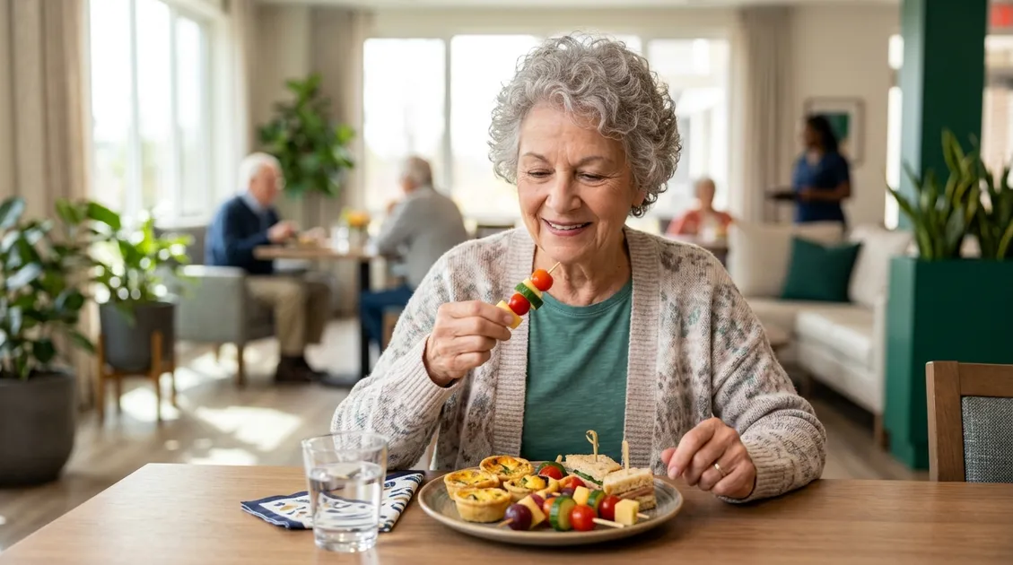 Elderly memory care resident eating finger food snacks independently at dining table Elderly memory care resident eating finger food snacks independently at dining table