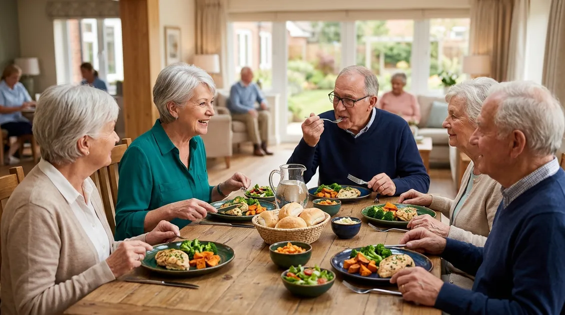 Board and care home dining room with professionally plated meals served to seniors at a family-style table Board and care home dining room with professionally plated meals served to seniors at a family-style table