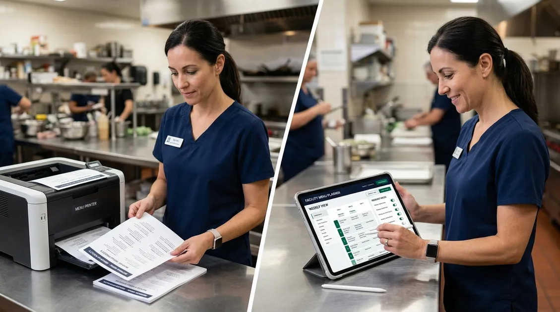 Dietitian-Approved Cycle Menus for Senior Care Facilities - Photo: Side-by-side comparison of printed PDF cycle menu and cloud-based menu software dashboard Dietitian-Approved Cycle Menus for Senior Care Facilities - Photo: Side-by-side comparison of printed PDF cycle menu and cloud-based menu software dashboard