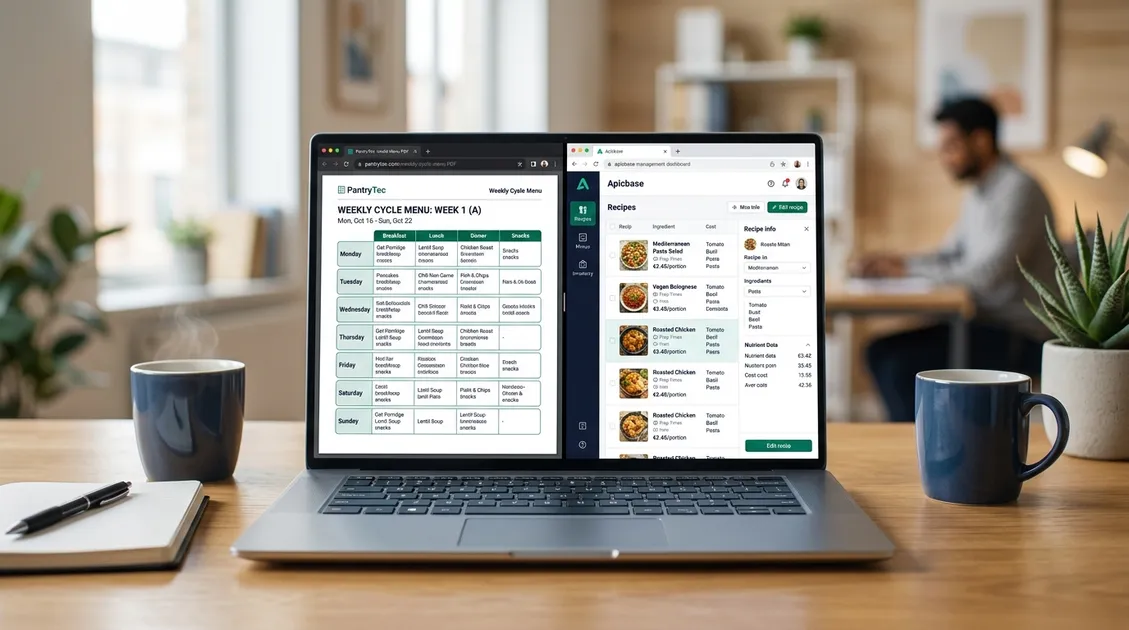 Dietitian-Approved Cycle Menus for Senior Care Facilities - Side-by-side dashboard comparison of PantryTec cycle menu PDF and Apicbase recipe management interface Dietitian-Approved Cycle Menus for Senior Care Facilities - Side-by-side dashboard comparison of PantryTec cycle menu PDF and Apicbase recipe management interface