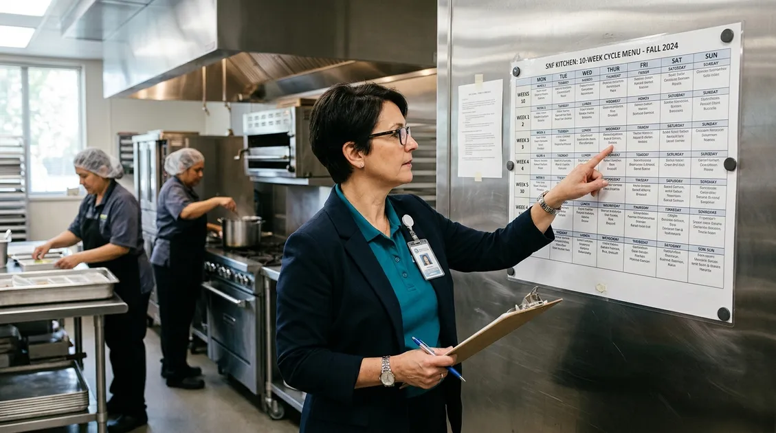 Dietitian-Approved Cycle Menus for Senior Care Facilities - Skilled nursing facility kitchen manager reviewing a printed 10-week cycle menu posted on a stainless steel kitchen wall Dietitian-Approved Cycle Menus for Senior Care Facilities - Skilled nursing facility kitchen manager reviewing a printed 10-week cycle menu posted on a stainless steel kitchen wall