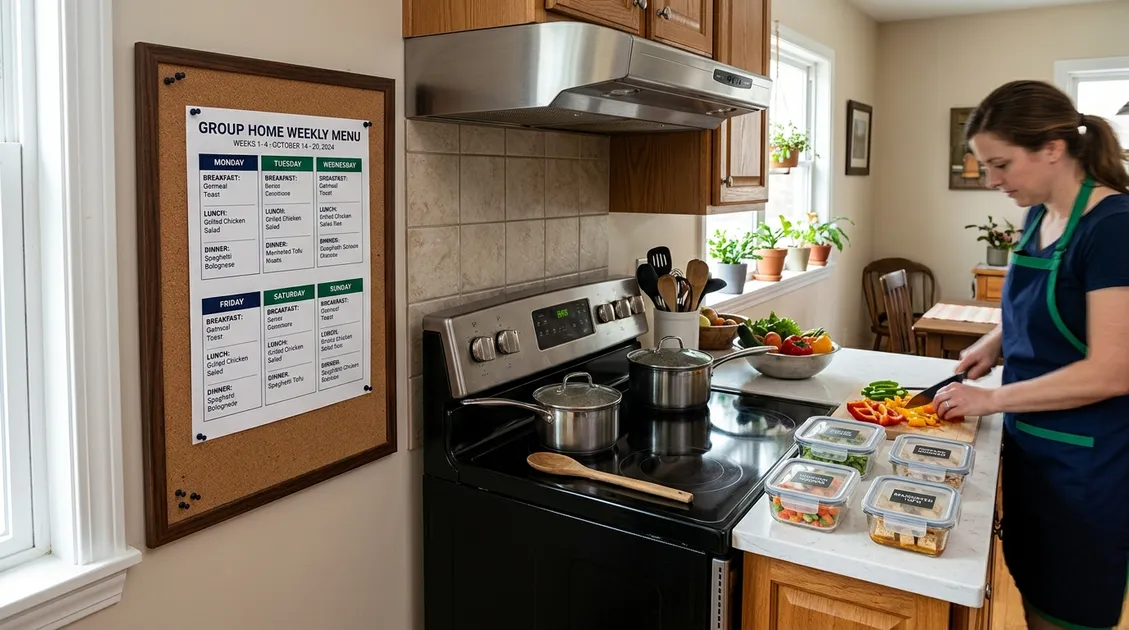 Dietitian-Approved Cycle Menus for Senior Care Facilities - Small group home kitchen with a printed weekly cycle menu posted on the wall next to a food preparation station Dietitian-Approved Cycle Menus for Senior Care Facilities - Small group home kitchen with a printed weekly cycle menu posted on the wall next to a food preparation station