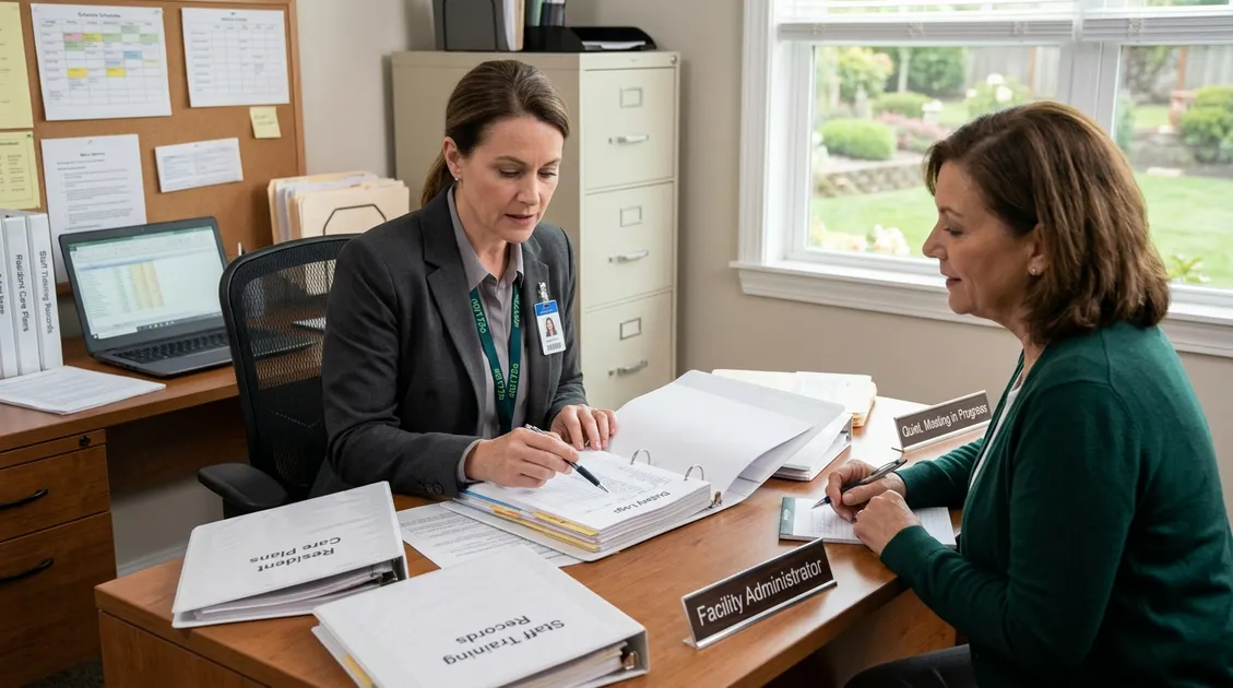 Dietitian-Approved Cycle Menus for Senior Care Facilities - State licensing inspector reviewing a compliance binder with cycle menu documentation at a small residential care facili Dietitian-Approved Cycle Menus for Senior Care Facilities - State licensing inspector reviewing a compliance binder with cycle menu documentation at a small residential care facili