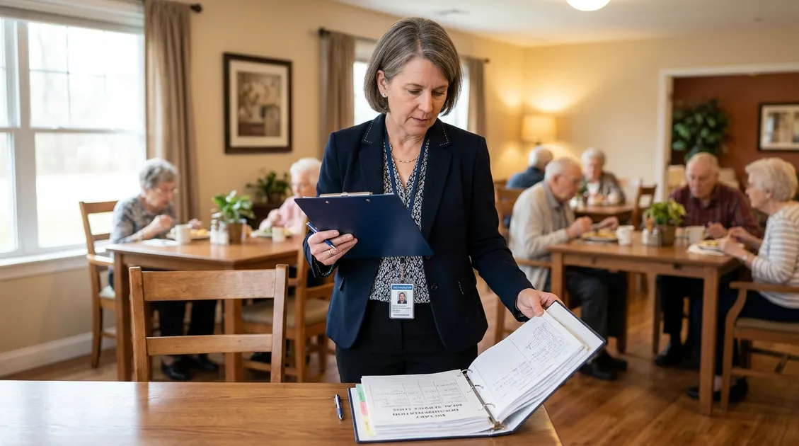 Dietitian-Approved Cycle Menus for Senior Care Facilities - State licensing surveyor reviewing dietary documentation binder in a small residential care facility Dietitian-Approved Cycle Menus for Senior Care Facilities - State licensing surveyor reviewing dietary documentation binder in a small residential care facility