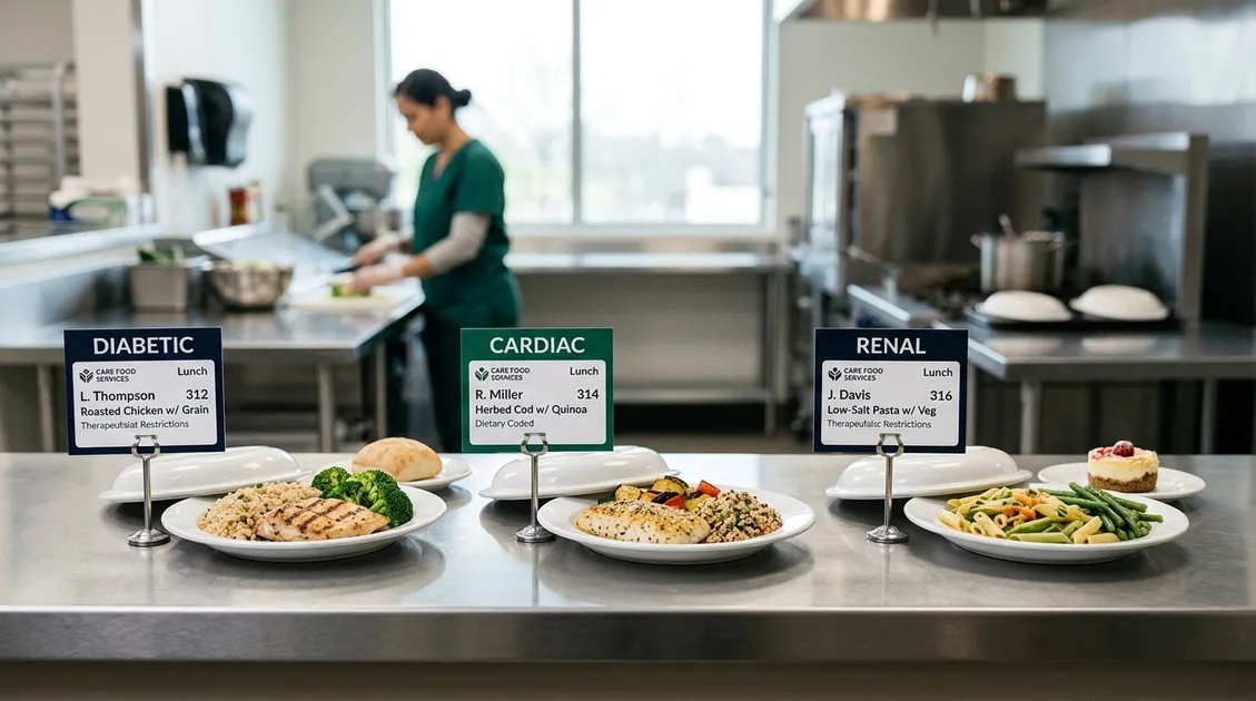 Printed tray cards showing different therapeutic diet modifications laid out on a kitchen counter Printed tray cards showing different therapeutic diet modifications laid out on a kitchen counter