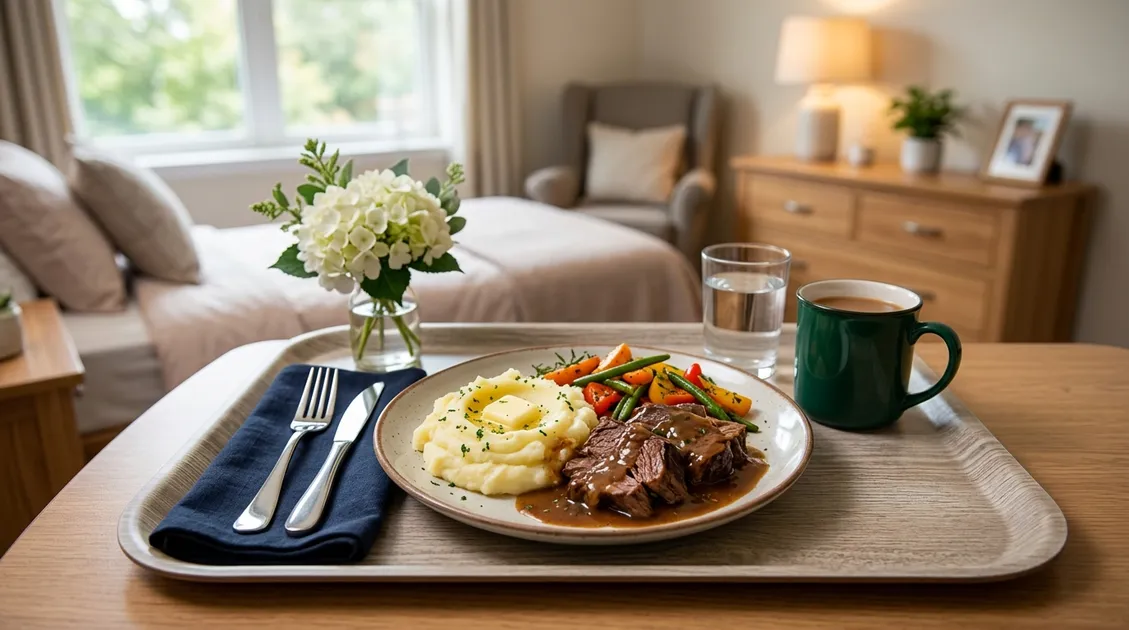 Dietitian-Approved Cycle Menus for Senior Care Facilities - Warm comfort meal plated on a hospice facility tray with home-style presentation Dietitian-Approved Cycle Menus for Senior Care Facilities - Warm comfort meal plated on a hospice facility tray with home-style presentation