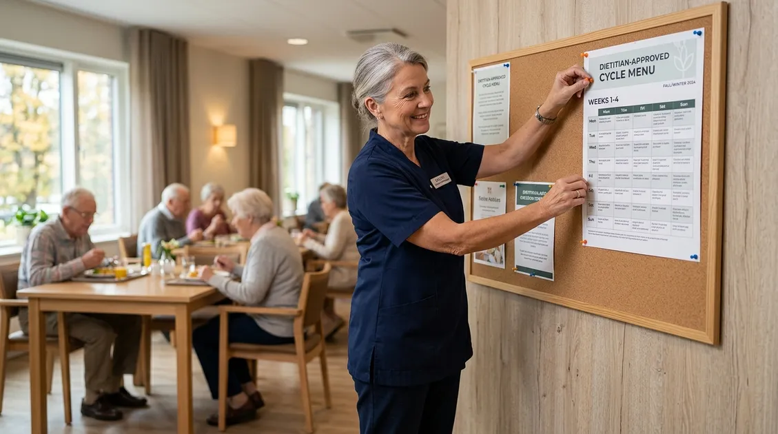Kitchen manager posting a dietitian approved cycle menu on a senior care dining board Senior care kitchen manager posting a dietitian-approved cycle menu on a dining room board